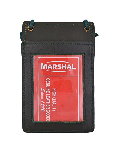 Marshal New Leather Neck Strap ID Badge Credit Card Holder Pouch Wallet Mini CrossBody (Green)