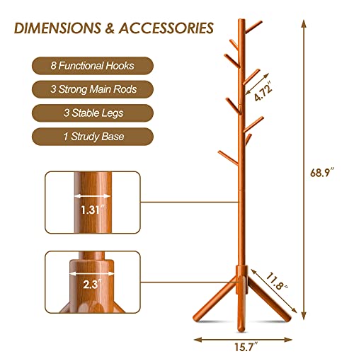 Yofu Coat Rack, Wooden Coat Rack Freestanding Easy Assembly, 8 Hooks-3 Height Adjustable Size, Coat Tree For Clothes, Hat, Bags,Coat Rack Stand For Home, Office, Hallway, Entryway(Honey Color) #TOP2