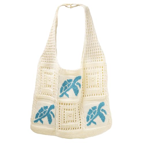 MZHOPEHB Bolsa de crochê branca de verão – linda bolsa de praia de malha pequena, bolsa de ombro de viagem de crochê boho com tartaruga, bolsa de tricô transversal de tecido para mulheres, itens