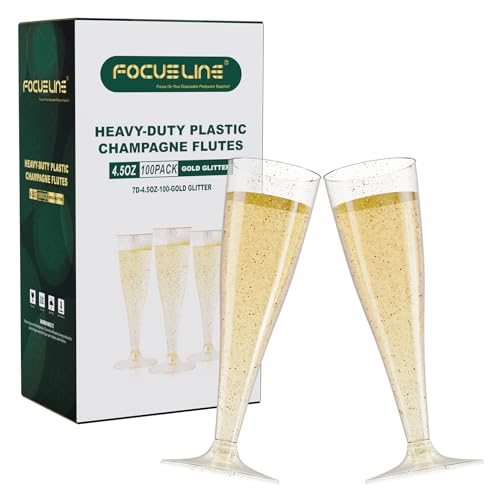FOCUSLINE 100 Pack Plastic Champagne Flutes 4.5 Oz Gold Glitter Plastic Champagne Glasses Disposable Clear Toasting Glasses Recyclable Cups for Wedding Party