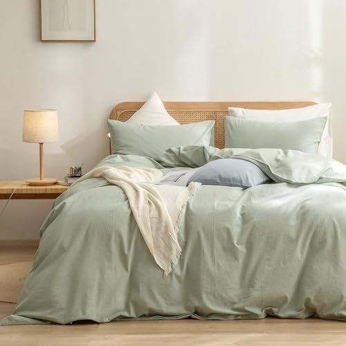 Image of BESTOUCH Cotton Solid Duvet Cover Set Linen Feel Sage Green Alaska King | 100% Washed Cotton, Soft Wrinkle Texture, Hidden Zipper, 8 Ties, Breathable Lightweight Durable Comfy, 3 Pcs No Insert