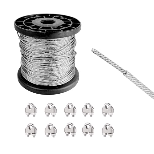 WENLISELL 50m Stainless Steel Wire Cable with M3 Cable Clamp, 7x7 Strand Core 3mm PVC Coated Wire Rope plastic coated for Garden, Fence, Hanging