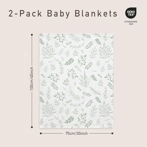Image of GLLQUEN BABY Blankets for Boys Girls, Soft Muslin Cotton Front Dotted Fleece Backing, Nursery Minky Crib Blanket for Infant Toddler, 30 x 40 inches Throw Blanket, Green & Leaves