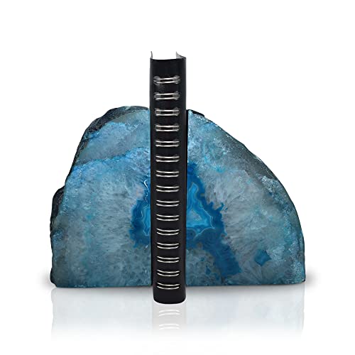 Nature's Decorations Agate Stone Bookends – A Quality Large Teal Crystal Geode Book Ends for Shelves & Bookcases, Modern Heavy Duty Decorative Book Holder for Bookshelf Decor,1 Pair 4-6 Lbs
