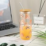 Joeyan 20 oz Tasses en verre avec des lides et des pailles de bambou,Boho Can en forme de bière verres à boire,Cuire tasse à café glacé avec motif arc-en-ciel coloré,Cocktail Smoothie Tea Soda
