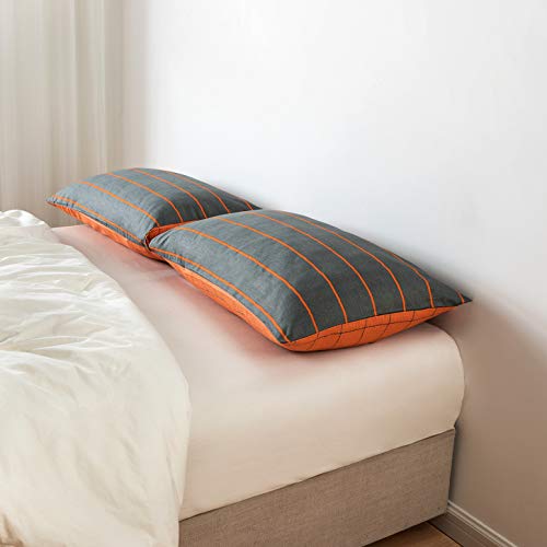 Susybao SZJRQC2020062810CA 100% Cotton Pillowcases Queen Size Set Of 2 Orange And Gray Reversible Stripes Plaid Bed Pillow Covers Envelope Closure End Pillow Protectors Soft Breathable Lightweight thumb #1