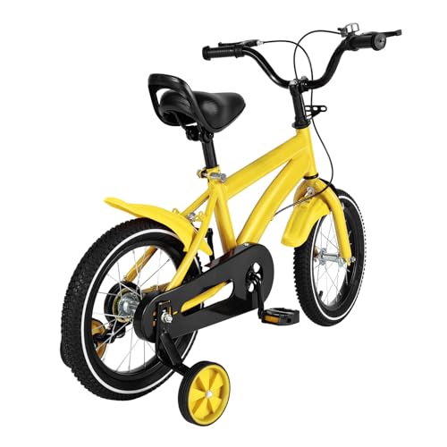 Kaibrite Bicicleta infantil de 14 pulgadas, 4 colores, marco de acero al carbono, altura ajustable, con rueda auxiliar (amarillo)