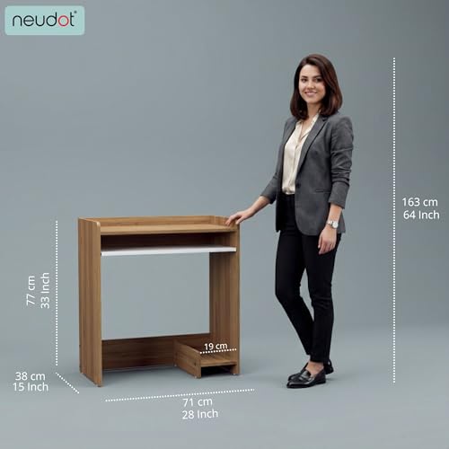 Image of NEUDOT Berry Engineered Wood Computer Table | Office Table | Study Desk | Freestanding with Keyboard Tray | Compact and Space Saving | Leon Teak & White Finish