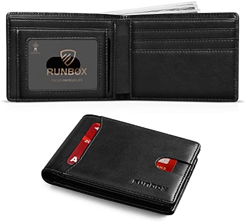 RUNBOX Wallet for Men Slim 11 Credit Card Holder Slots Leather RFID Blocking Small Thin Men's Wallet Bifold Minimalist Front Pocket Large Capacity Gift Box, 1 oil black, small, Minimalist