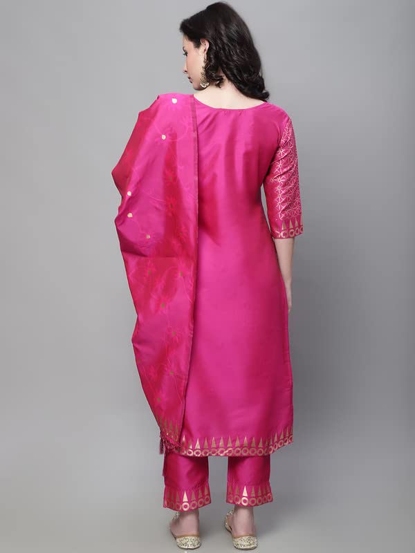 Image of VredeVogel Women's Cotton Silk Jacquard Kurta Pant Set with Banarasi Silk Dupatta