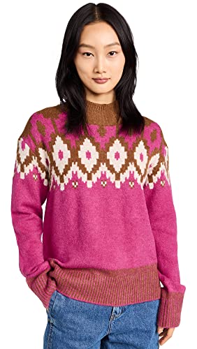 Monrow Women's Mock Neck Fair Isle Sweater, Dragon Fruit, Pink, Print, S #TOP13