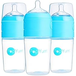 PopYum 9 oz Blue Anti-Colic Formula Making Baby Bottles, 3-Pack | #2 Medium Flow Nipples, 260 ml, BPA-Free, Natural Latch, Mixing Dispenser
