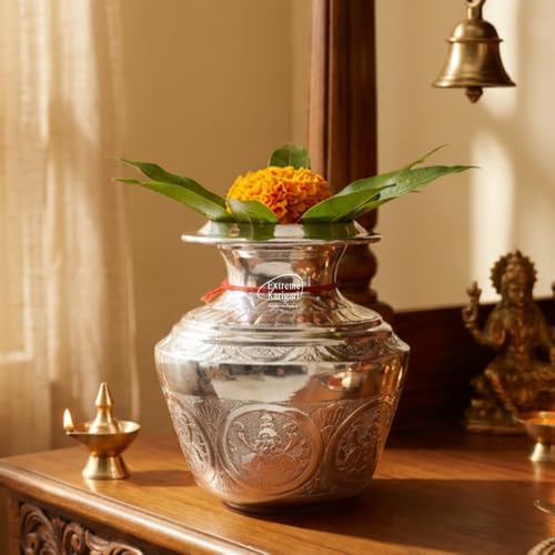 Image of Brass Ashtalakshmi 7 Inch German Silver Finish Kalash 2Ltr Capacity Puja Lota for Pooja Mangal Pot for Home Temple Decoration Hindu Religious Water Vessel