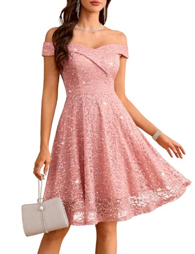 HomRain Blush Sequin Lace Graduation Dresses for Teens Off the Shoulder Cocktail Elegant Wedding Guest Party Teens Dress Sequin-Blush XL
