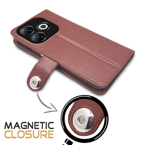 Image of Pikkme Infinix Smart 8 HD Flip Cover Leather Finish | Inside TPU with Card Pockets | Wallet Stand and Shock Proof | Complete Protection Button Flip Case (Brown)