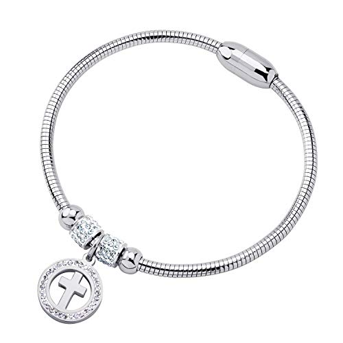 555Jewelry Stainless Steel Flexible Snake Chain Cubic Zirconia Small Cross Charm Bracelets For Girls, Cross Charms, Bracelet With Cross For Women, Strong Magnetic Clasp, Silver #TOP16