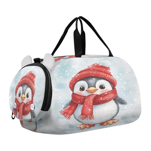 Penguin Winter Red Hat Kids Travel Duffel Bag for Boys Girls Overnight Weekend Tote Bag with Shoes Compartment for Trip Beach Swim