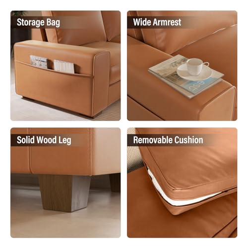 Image of Valthie Faux Leather Couch, Mid Century Modern Comfy Loveseat Sofa with Wide Arm, Side Pockets, Solid Wooden Frame for Office, Living Room and Bedroom, 3 Seater (Brown, 88.58 inches)