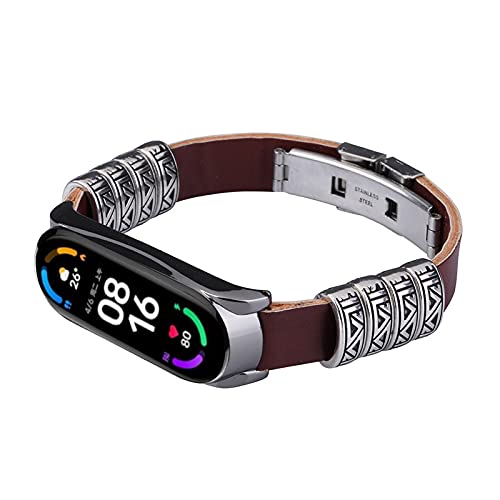 MVRYCE Mi Band 6 Watch Strap, 160mm-200mm Replacement PU Leather Band with Retro Embossed Element Adjustable Sport Wristband Accessories Strap Compatible for Mi Band 5/Mi Band 6 (Brown-Black)