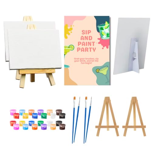 Sip and Paint Party Kit for Adults - Set of 2 Canvas Painting Supplies for Date Night Couples Friends or Family - Includes Paints Brushes Easels Party Decoration - Fun DIY Home Activity