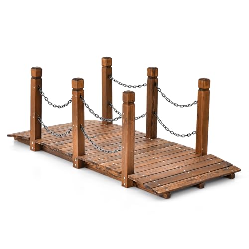 COSTWAY Ponte da Giardino in Legno, Ponte Decorativo con Finitura Tinta e Catena di Sicurezza, Ponte ad Arco in Legno per Giardino, Patio, Cortile e Fattoria, Carico 80 kg