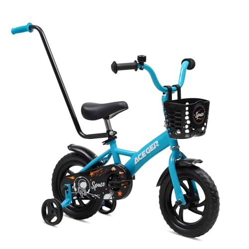 ACEGER 12 Inch Kids Bike for Boys Girls Aged 2-5 Years, Toddlers Children Bicycle with Training Wheels and Basket, Friendly Removable Handed Push Rod