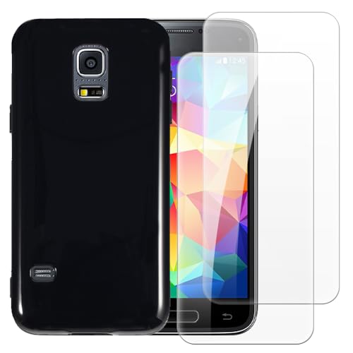 Shantime Case with 2 Pack Screen Protector Combo Compatible with Samsung Galaxy S5 Mini, Shockproof Cover and Tempered Glass Set for Full Body Safety(Black)