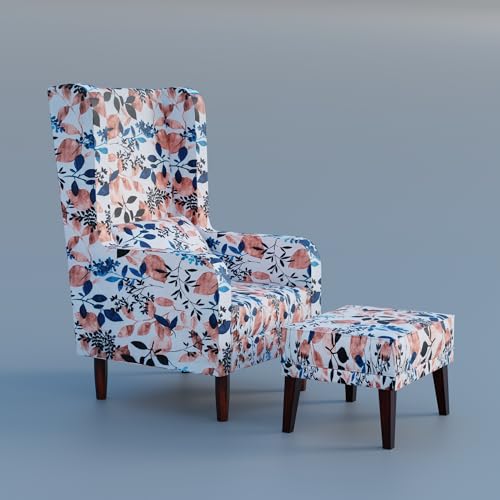 Image of WELL KNOWN Wooden Wing Chair with Ottoman Stool | Wingback for Living Room | High Density Foam | Accent Chair for Seating, Home Decor Furniture | (Floral Frost, with Ottoman)