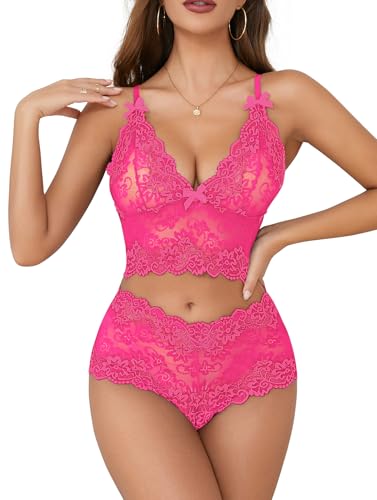 Image of Lilosy Sexy Lingerie for Women Lace Pajamas Set Cami Bra and Panty High Waist Sheer Sleepwear 2 Piece 2XS-6XL