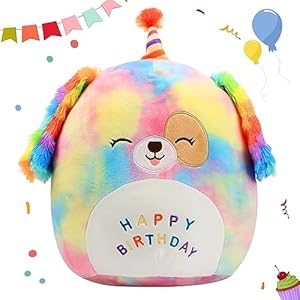 Easfan 12” Original Rainbow Birthday Dog Plush Pillow Soft Puppy Plush Toy Cute Dog Stuffed Animal Birthday Gift for Kids Toddlers