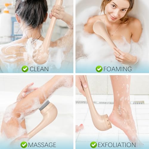ZOFGENOW Electric Body Brush, Waterproof Back Scrubber for Shower with Long Handle and 3 Heads, Rechargeable Exfoliating Brush for Body and Foot, Deep Cleansing Massager, Pink