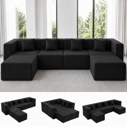Image of MONVANE 130 inch U-Shaped 6 Seat Modular Sectional Cloud Couch, Jet Black | Sectional Couches for Living Room, High Supportive Backrests, Movable Ottomans, Deep Seat, No Assembly Required
