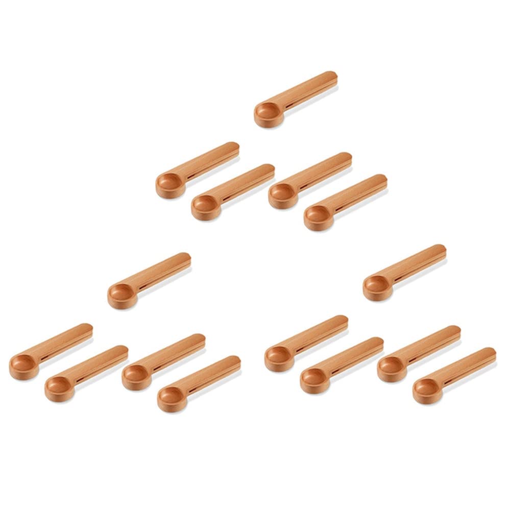 Hndhbfgrt 15 Pcs Wooden Coffee Scoop and Bag Clip Measure Spoon 2-In-1 Bags Sealer Measuring Spoon for Beans,Espresso Coffee,Tea
