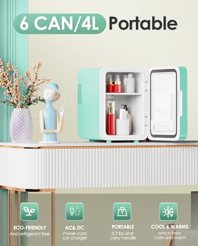 Image of CUTIEWORLD Skincare Fridge with Dimmable LED Light Mirror, 4L Mini Fridge For Desktop, Travel or Cool & Heat, Makeup Fridge for Cosmetics, Skin Care and Food, Green