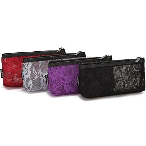 Sea Team Multicolored Portable Travel Toiletry Pouch Handy Lace Fabric Mesh Cosmetic Bag Makeup Organizer with Zipper, Set of 4