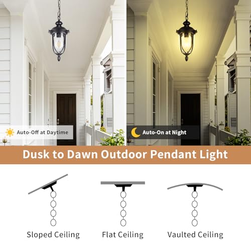 Image of JYZ Vintage Dusk to Dawn Outdoor Hanging Lantern, 17 Inch Rustic Exterior Pendant Light Fixture with Seeded Glass, Antique Black Ceiling Mount Chandelier for Porch, Patio, Gazebo, Entryway JYOPL04-L