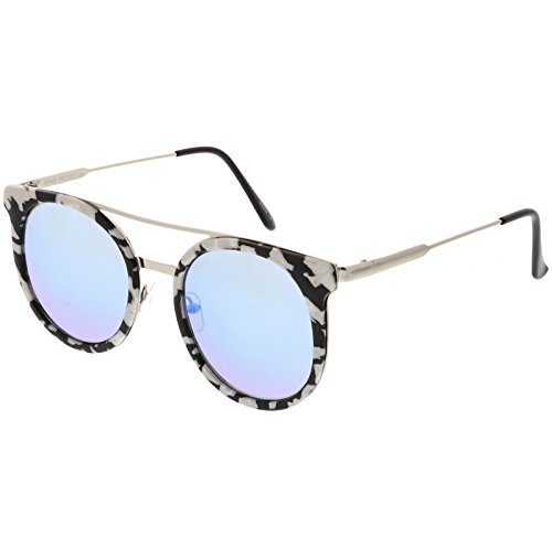 zeroUV - Modern Sleek Double Nose Bridge Round Color Mirrored Lens Horn Rimmed Sunglasses 51mm2