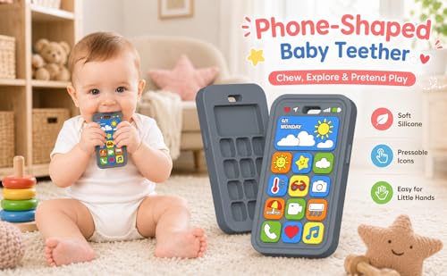 Image of Baby Teething Toys Silicone Baby Phone Teether Over 3 Months | Sensory Chew Toys Baby Teether for Teething Relief - BPA Free Infant Toys Baby Shower Gifts (1, Grey)