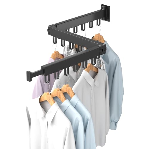 YATOSEEN Wandmontierter Wäscheständer, ausziehbarer Wäschetrockner mit Haken, robust und platzsparend, für den Innen- und Außenbereich, ideal für Balkon, Waschküche und Badezimmer (Schwarz 3 Gefaltet)
