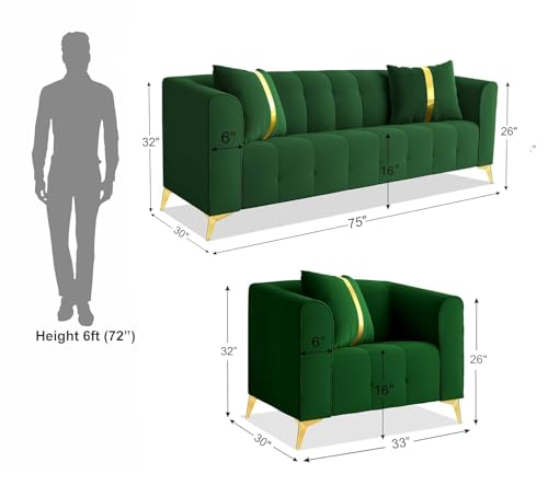 Image of Shie Wood Art Modern Classic Chesterfield Sofa for Living Room Bedroom Reception and Office (3+1+1 Seater, Green)