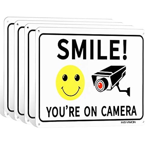 (4 Pack) Smile You're on Camera, Video Surveillance Sign, 10"x7" Rust Free Aluminum Metal,Warning Sign for CCTV Monitoring System By HISVISION. Cover