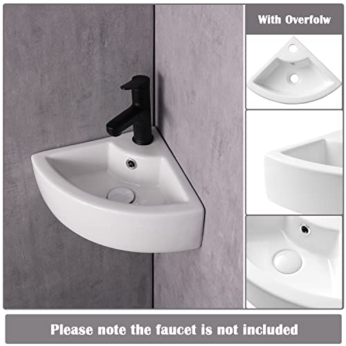 Pakroman Wall Mount Vessel Sink Small Bathroom Sink Corner Sink Triangle Bathroom Vessel Sink 18"X13" White Porcelain Ceramic Mini Vessel Vanity Sink With Overflow Pop-Up Drain, Soap Dish #TOP4