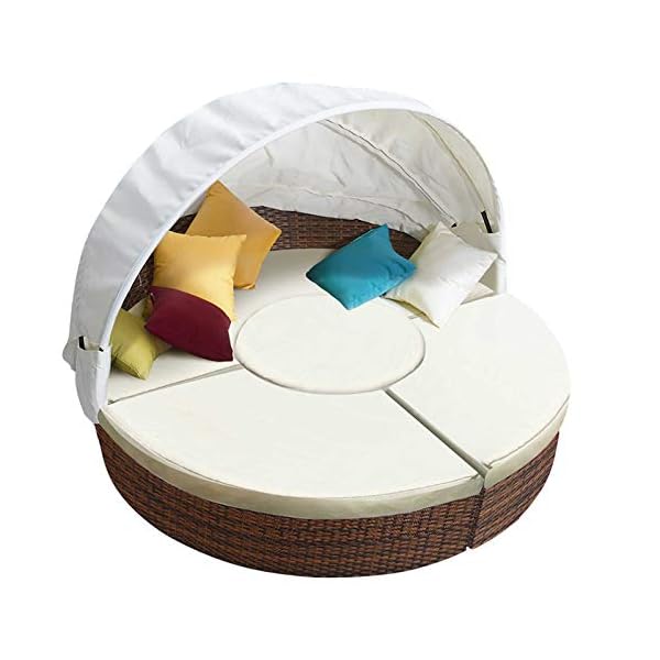 Garden Round Daybed Bed - Poly Rattan Sun Day Sectional Sofa Bed with Table and Canopy - Outdoor Patio Sofa Lounger Set - Modern Sunbed Lounge Furniture