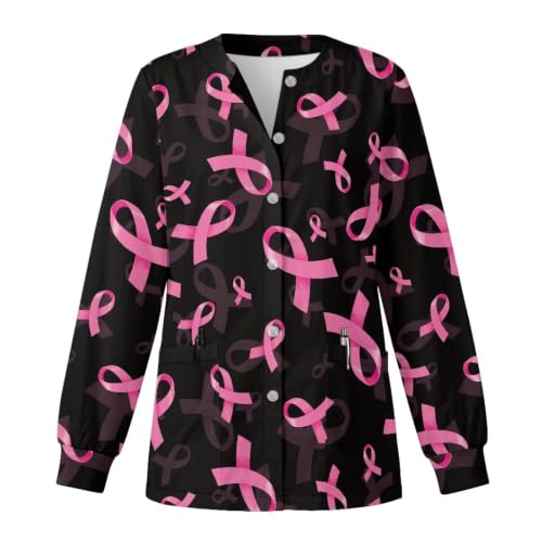 Xarleslyna Pink Ribbon Print Long Sleeve Scrub Jacket for Women