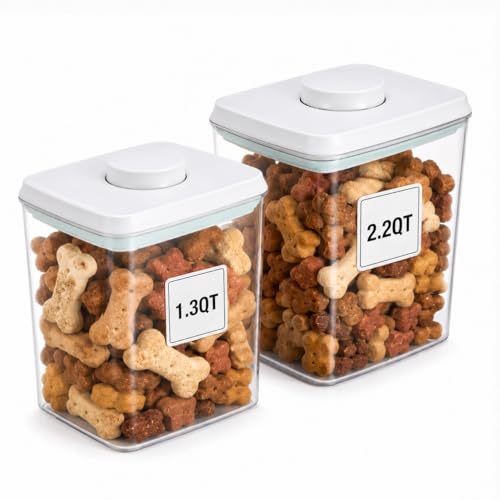 USYOGO Pet Dog-Cat POP-Treat Airtight jar-Container - 1.3 Qt/1.2 L and 2.2 Qt/2 L | Stackable One-Touch Opening | For Snacks Candy Salt Herbs Spices | BPA-Free
