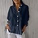 Women Summer Classic Tops Button Down V Neck 3/4 Sleeve Blouse Solid Casual Cotton Linen Fashion Shirts Linen Tunics for Women 2025 Navy 4X