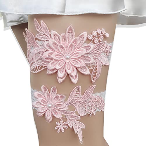 2 Piezas de Ligas Elásticas de Encaje de Flores, Liga de Boda para Damas, Adecuada para Novias, Damas de Honor, Bodas, Decoración Diaria (Rosa)