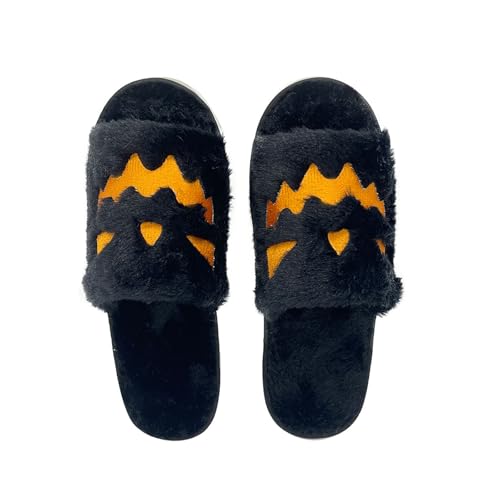 Halloween Slippers Soft Fuzz Open Toe Slides For Women, Men Cute Pumpkin & Ghost Indoor Pjs Shoes Winter Holiday Slippers4