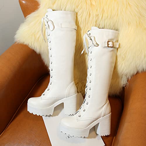 Seitehuud Women Fashion Platform Knee High Boots White Gothic Block Heels Long Boots Lace Up Winter Shoes High Heel Knee Boots #TOP2