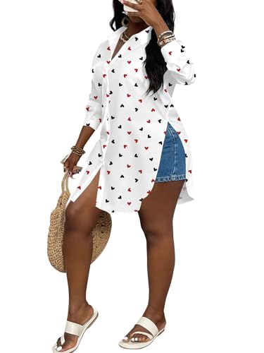 Image of LYANER Women's Collar Neck Long Sleeve Button Down Shirts Sexy Split Hem Tops Long Blouse Shirt Dress
